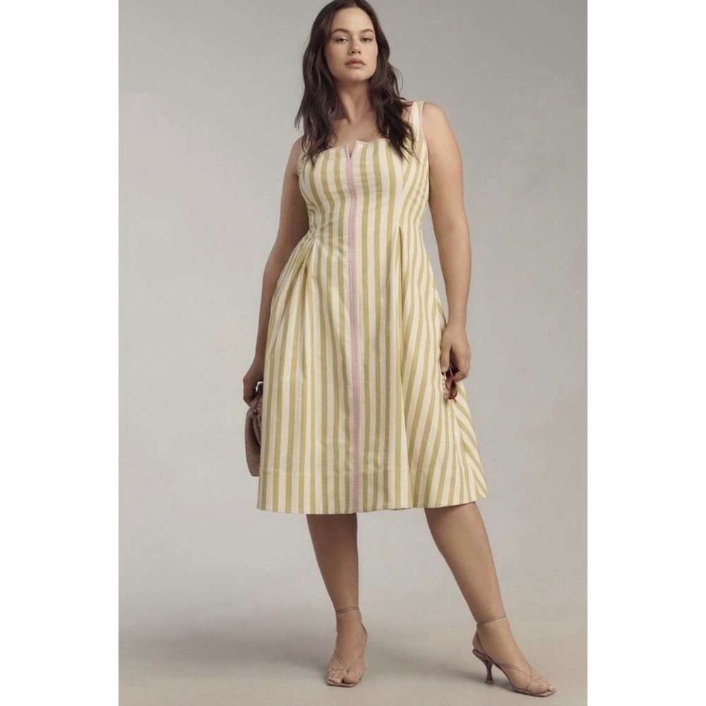 Maeve Anthropologie Chartreuse Striped Fit Flare Midi Dress Pink Trim 2X NEW